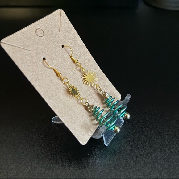 Handmade Gold and Green Spiral Christmas Tree Earrings - Picture 2 of 2